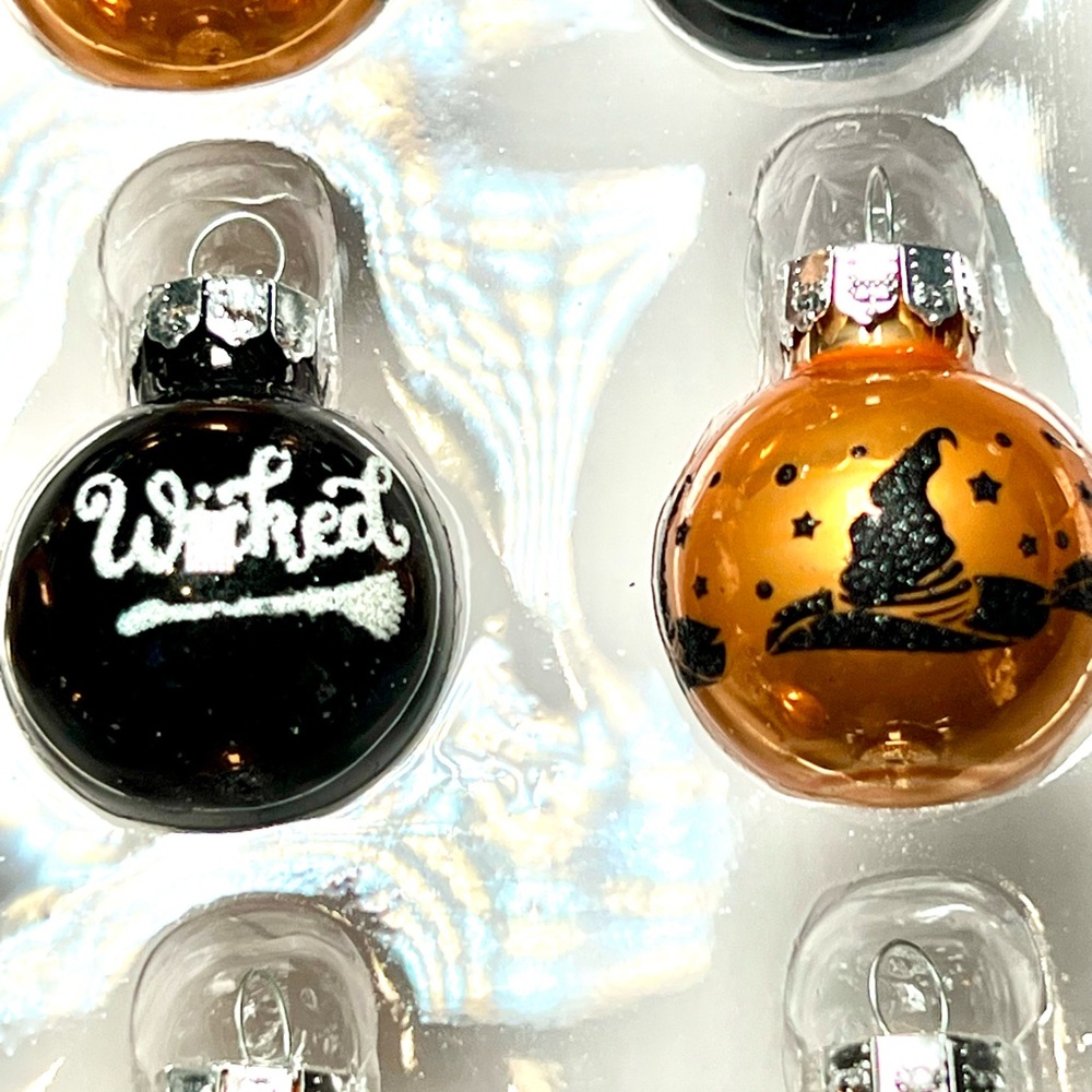 20 Mini Halloween Wicked Mini Glass Ornaments Black Orange Broom Hats Stars